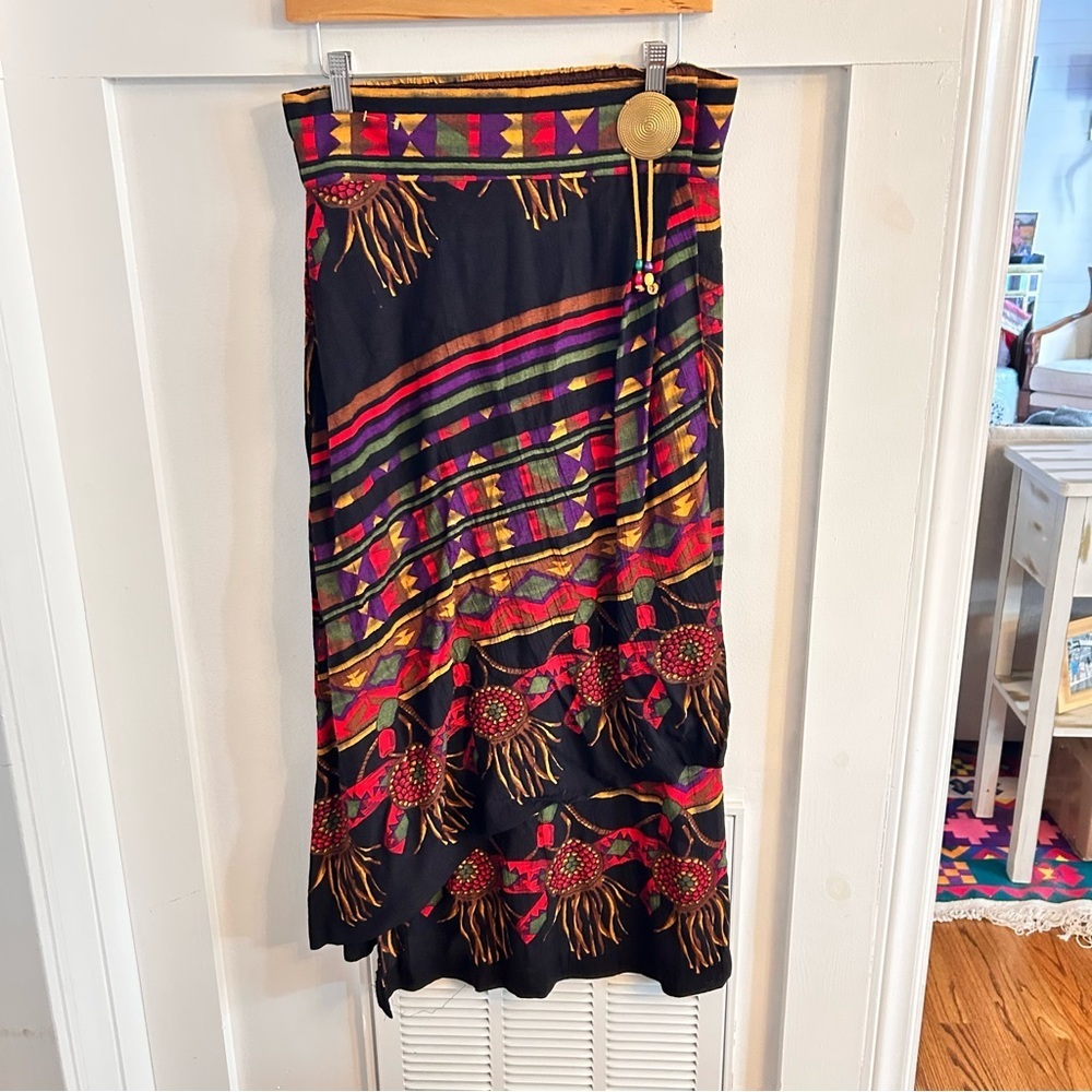 Vintage AC Sport Aztec Boho tribal faux wrap midi skirt